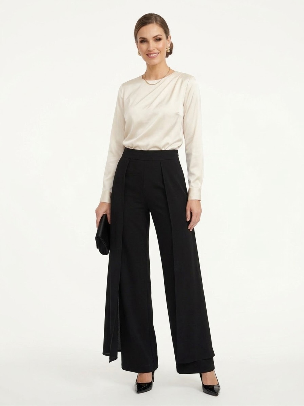 Joseph Ribkoff Black Wide-Leg Overlay Pants Size 4 | Slit Drape Palazzo